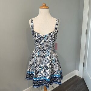 Avec Les Filles Women Fit Flare Mini Dress Blue White Tile Print 8 Mediterranean